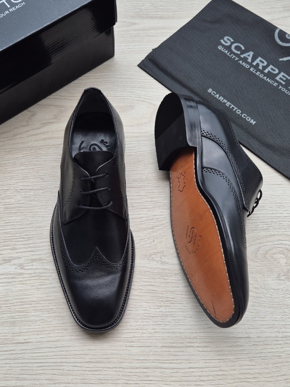 Black Calfskin Wingtip Derby Dress Shoes – Perforated Brogue Medallion Leather S